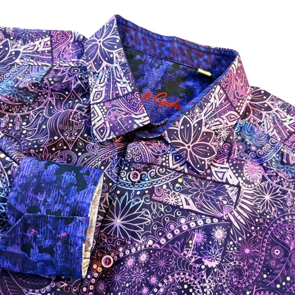Robert Graham Mens 1XL Purple Paisley Floral Mandala Button Up Shirt Cotton L/S